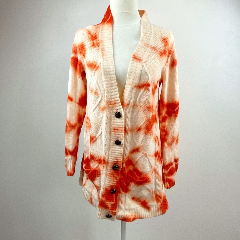 Women’s Tie Dye Long Sleeve Open Front Buttons Cable Knit Pocket Cardigan